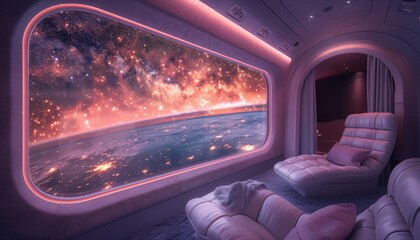 As you sit inside the airplane you can see the vast space and twinkling stars outside while the window reveals the Earths surface, Generated by AI