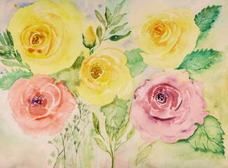 Watercolor of five roses with leaves on the background. The dabbing technique near the edges gives a soft focus effect due to the altered surface roughness of the paper. - 778918177