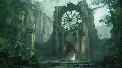 An awe-inspiring clock tower stands amidst the overgrown ruins of an ancient cathedral, shrouded in the mist of a lush forest - obrazy, fototapety, plakaty