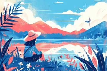 Papier Peint photo Lavable Montagnes A person wearing a hat and sitting on the grass, surrounded by flowers and clouds, with mountains 