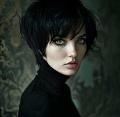 Close-up portrait of a beautiful young brunette woman in a turtleneck with short hair

