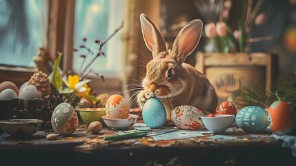 Rabbit paints Easter eggs