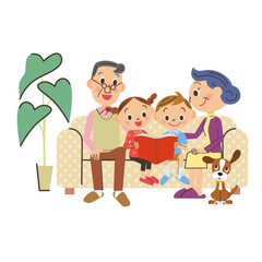 ソファーで、つろいでいる孫と老夫婦