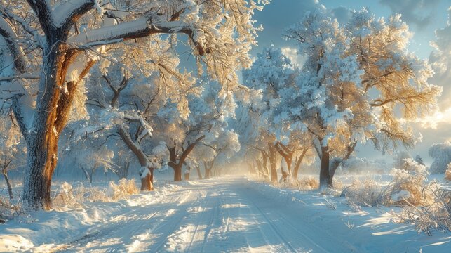   Snow-covered road flanked by trees; sun shines through branches on opposite side