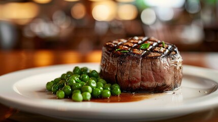 A mouthwatering shot of the perfectly grilled filet meanwhile its vibrant colors and fresh green peas add to its visual appeal, while in sharp focus in the background is an elegant restaurant - obrazy, fototapety, plakaty