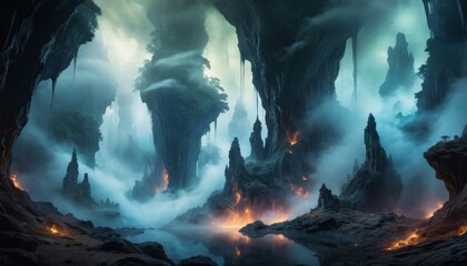 An ethereal fantasy landscape of a vast cave illuminated by a mystical light, with towering rock formations and a subtle glow of lava