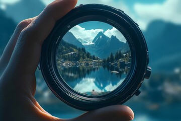 A hand holding a camera lens with mountains and nature reflected, symbolizing perspective and creativity.  - obrazy, fototapety, plakaty