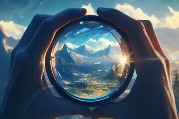 A hand holding a camera lens with mountains and nature reflected, symbolizing perspective and creativity.  - obrazy, fototapety, plakaty