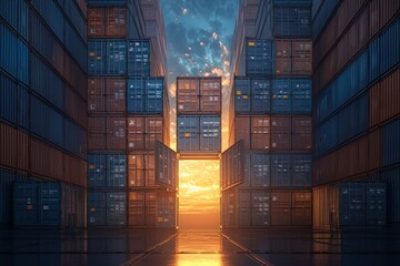 A high-resolution photograph of colorful shipping containers stacked on top of each other in an industrial setting, symbolizing global trade and cargo 