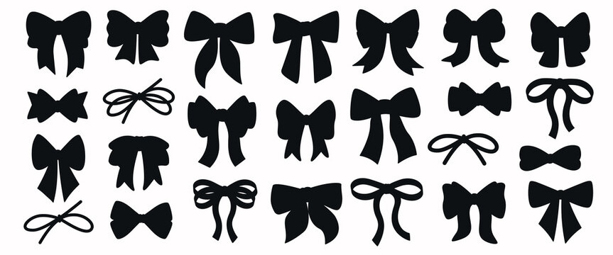 Set of simple decorative holiday ribbon bows for gifts, to decorate hair on white background. Bow silhouette for gift wrapping for birthday, Christmas, New Year. Isolated Flat Vector EPS10