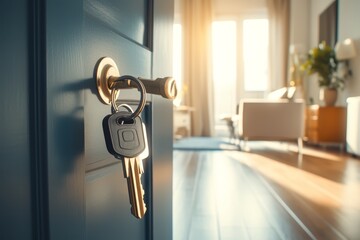 A house-shaped keychain with keys hanging from the door handle of an open front door, symbolizing home investment and real estate.  - obrazy, fototapety, plakaty