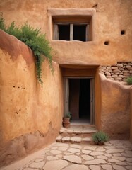 A serene adobe pueblo house entrance with naturalistic textures, exuding warmth and traditional architectural charm.