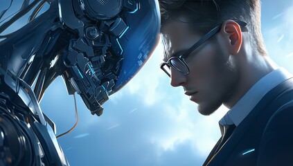 Human man wearing glasses is talking to an AI robot. They are facing each other and looking at one...