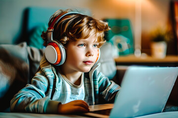 Jeune garçon avec un casque sur la tête suivant un cours sur un ordinateur portable