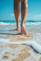 female feet on the sand at the beach Generative AI