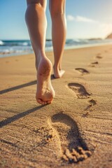 female feet on the sand at the beach Generative AI