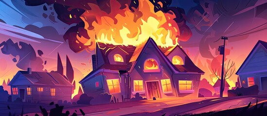 Fototapeta na wymiar Cartoon drawing depicting a house engulfed in flames as a fire blazes uncontrollably