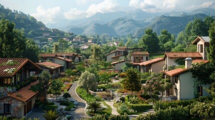 Fototapeta na wymiar 3D model of a peaceful retirement village nestled in the mountains detailed textures showing cozy homes with gardens