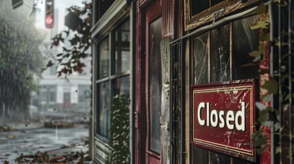 A highly detailed depiction of a deserted storefront with a "Closed" sign hanging in the window symbolic of a business thats fallen into bad debt