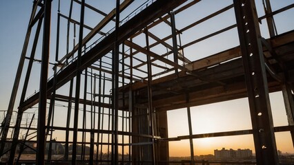 metal structure under construction at sunset with yellow sky.