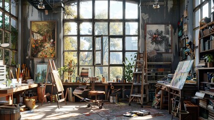 Fototapeta na wymiar Detailed 3D rendering of a retired artists studio abundant with creative projects