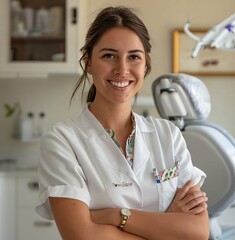 Young dental assistant in exam room smiling at camera
