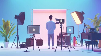 High-detail depiction of a content creator filming an engaging product review for a YouTube channel surrounded by professional lighting and recording equipment