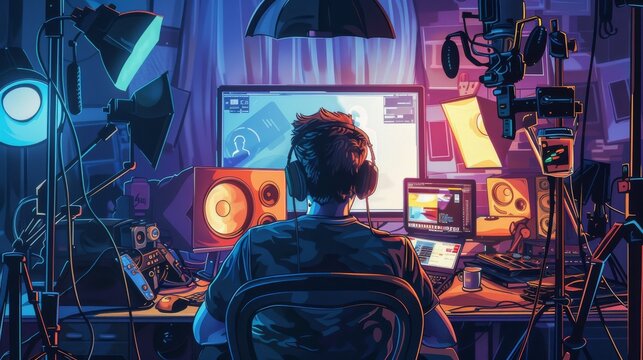 High-detail depiction of a content creator filming an engaging product review for a YouTube channel surrounded by professional lighting and recording equipment