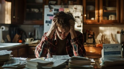 Photorealistic image of a worn-out individual surrounded by stacks of bills and notices on a cluttered kitchen table their face buried in their hands