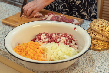 Finely chopped meat, onion and pumpkin in a bowl. Homemade minced meat.