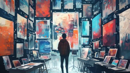 Stylized illustration of a creative professional surrounded by their multimedia art pieces from digital screens to canvases - obrazy, fototapety, plakaty