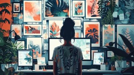 Stylized illustration of a creative professional surrounded by their multimedia art pieces from digital screens to canvases