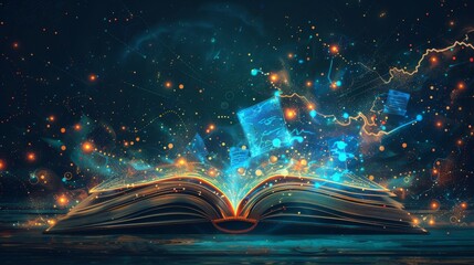 Stylized illustration of a magical book from which various forms of content (articles videos - obrazy, fototapety, plakaty