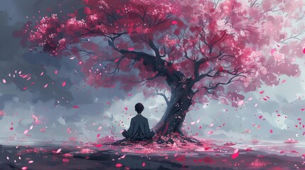 Stylized illustration of a person meditating under a cherry blossom tree - obrazy, fototapety, plakaty