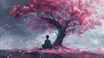 Poster Stylized illustration of a person meditating under a cherry blossom tree © Miso Ai