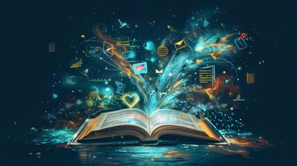 Stylized illustration of a magical book from which various forms of content (articles videos - obrazy, fototapety, plakaty
