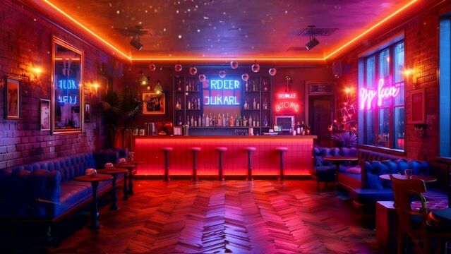 Modern bar interior with colorful lighting at night. seamless looping 4k time-lapse video background