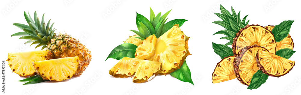 Poster pineapple slices with leaves. pineapple isolate