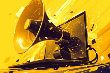 A megaphone coming out of the screen on laptop, vector illustration in yellow background