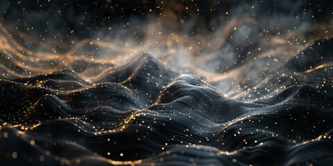 Abstract Background with Golden Sparks Over Dark Waves