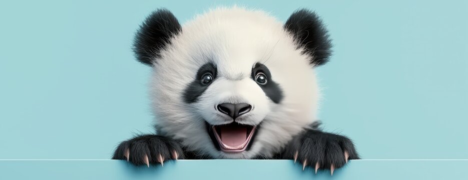 A panda is looking at the camera with its mouth open on a pastel background in a panoramic photo showing its whole body.