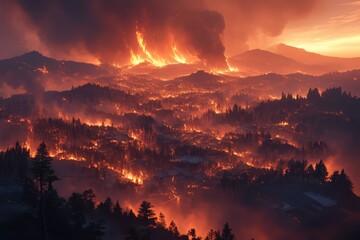 A panoramic view of the Black Forest engulfed in flames, with trees and vegetation burning on rolling hills under dark smokefilled skies.