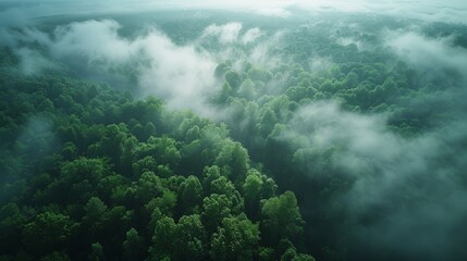   An aerial perspective of a dense forest during midday, with numerous clouds and towering trees in the foreground