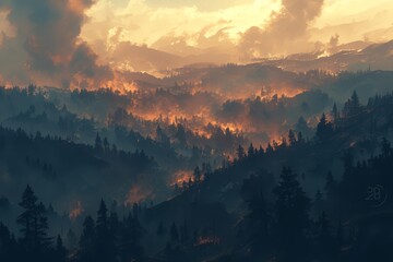 A panoramic view of the forest on fire, with trees engulfed in flames and smoke filling the air. 