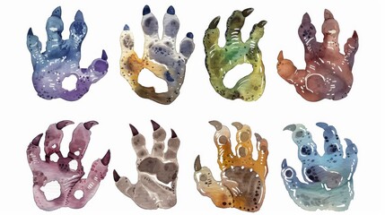 For kids prints. Illustration of dinosaur footprints set on a watercolor background. Illustration of different animals. Jurassic period fossil. - obrazy, fototapety, plakaty
