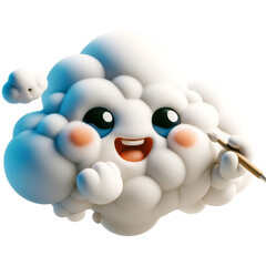 Fototapeta premium A playful cloud character with a joyful expression is painting in the sky with a small brush, isolated on white
