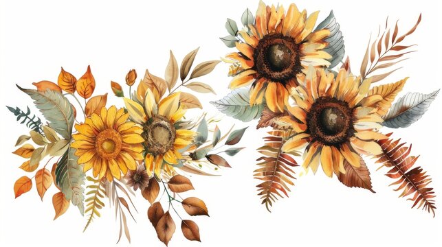 The beautiful floral collection includes sunflowers, leaves, branches, fern leaves, feathers. Two bright watercolor bouquets are great for wedding invitations, birthday cards, invitation templates,