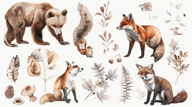 Illustration of a bear, fox, squirrels, a row of trees and other wild animals on a white background. Watercolor clipart with forest animals.