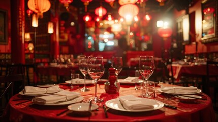 A red round table with plates and cutlery is set for dinner in an elegant restaurant, with red walls, bright lights, wine glasses on the tables, red Chinese lanterns hanging above the ceiling