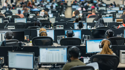 A bustling call center with rows of agents fielding customer inquiries and providing support